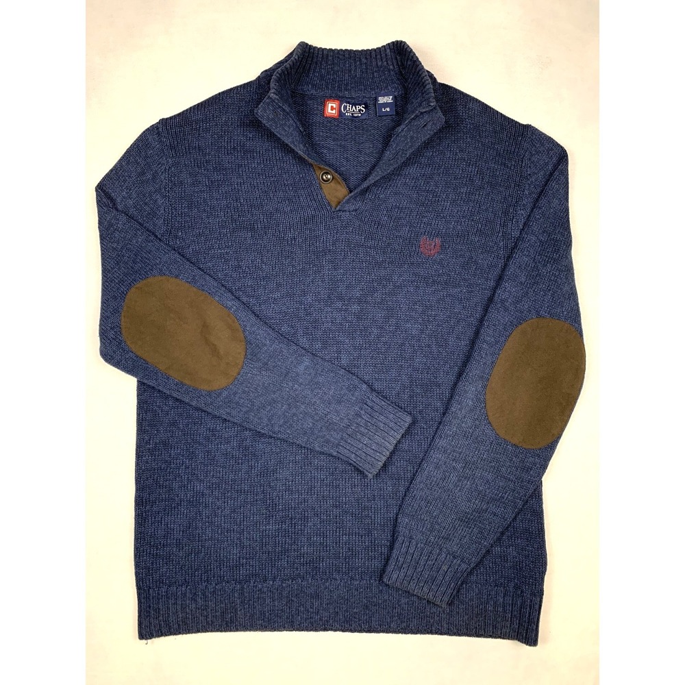 Chaps Sweater Mens L Blue Elbow Patch Shawl Collar Cotton Pullover
